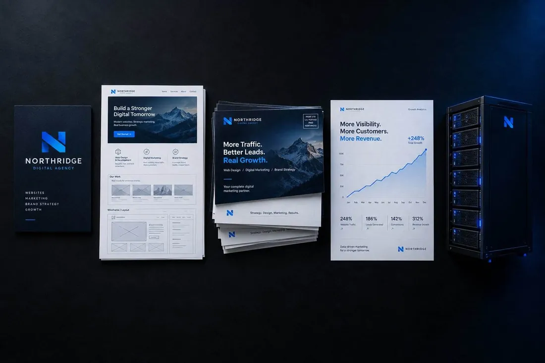 A flat lay of the full agency stack — brand, website, direct mail, analytics