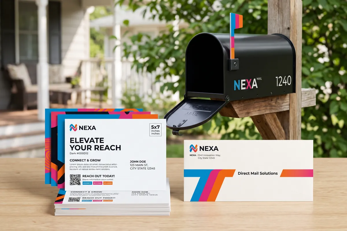 Direct marketing: postcard, envelope, and email campaign materials