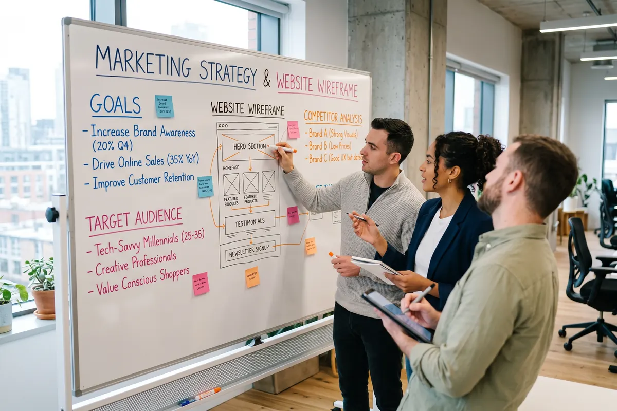 Website wireframe and strategy on a whiteboard